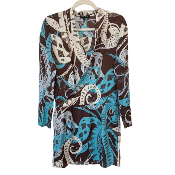 glam Dresses & Skirts - Glam Faux Wrap Long Sleeve Mini Dress Size Small Abstract Turquoise Brown Indie